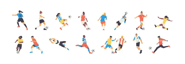 Equipe Joueurs Foot Variés Groupe Athlètes Style Rétro Coloré Jouant — Image vectorielle