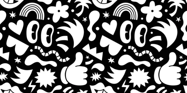 黒と白のレトロな漫画の落書きシームレスなパターンイラスト モノクロの形をした面白いキャラクターアートの背景 ヴィンテージ図面壁紙 Print — ストックベクタ