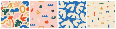 Renkli geometrik karalamalar eşliğinde soyut organik şekiller. Düz çizgi film arkaplan koleksiyonu, basit rastgele şekiller duvar kağıdı destesi. Çağdaş sanat tarzı baskı dokusu.