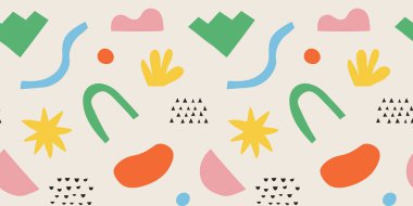 Renkli el yazması karalamalarla soyut modern sanat kusursuz desen. Organik düz çizgi film arkaplanı, parlak çocuksu renklerde basit rastgele şekiller.