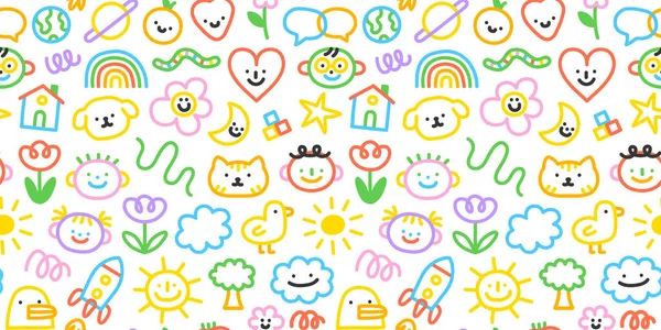 Colorful Funny Children Doodle Icon Seamless Pattern Cute Happy Kid — Stock Vector
