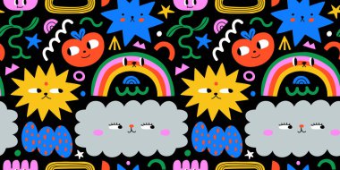 Renkli çocuklar çizgi film karakteri şekilsiz desen çizimi. Moda 90 'ların tarzı komik sanat arka plan dokusu, soyut yüzler ve karalama duvar kağıdı baskısı.