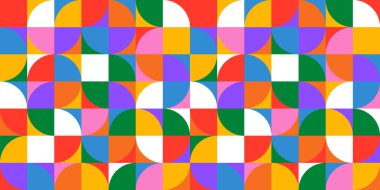 Yaratıcı soyut şekillere sahip renkli geometrik kusursuz desenli çizimler. Modern İskandinav tarzı arka plan baskısı. Modaya uygun parlak semboller ve minimalist şekil dokusu, geometri kolajı.