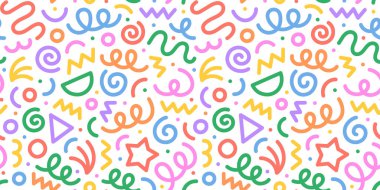 Eğlenceli renkli çizgiler, dikişsiz çizgiler. Çocuklar için yaratıcı minimalist tarz sanat geçmişi ya da temel şekilli moda tasarımı. Basit parti konfeti dokusu, çocuksu karalama şekli arkaplan.