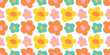 Renkli çiçek desensiz desen çizimi. Klasik çiçek arkaplan tasarımı. Retro pastel renkler, bahar sanat eserleri, 70 'lerin modası gibi doğa arkaplanı, hippi çiçekleri..