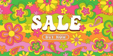 60 'ların klasik çiçek satışı şablonu. Retro psychedelic çiçekli iniş sayfası web pankartı. Havalı renkli bahar posteri, hippi yetmişlerin indirimli tasarımı ve tekrarlanan papatya çiçekleri..
