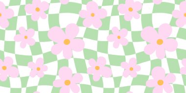 Trendy floral seamless pattern illustration. Vintage 70s style hippie flower background design. Geometric pastel color checkered artwork, y2k nature backdrop with daisy flowers.