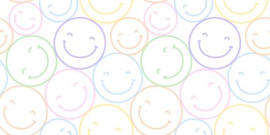 Renkli y2k gülen surat çizgi film karikatürleri kusursuz desen. Komik geçmişe dönük gülümseme arka plan resimlerine bakıyor. Klasik karakter duvar kağıdı, eğlenceli pastel renk dokusu baskısı.