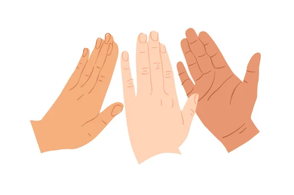 Three People Hand Doing High Five Gesture Together Modern Hands — Stock Vector