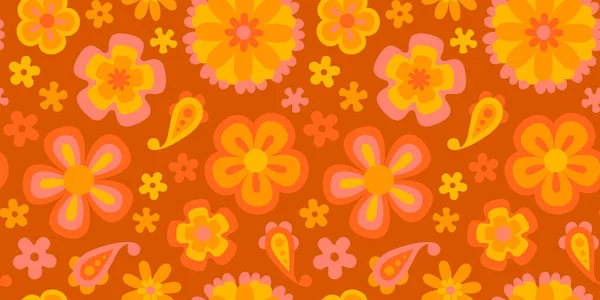 Klasik, dikişsiz desenli illüstrasyon. Retro psychedelic çiçekli arka plan sanat tasarımı. Havalı rengarenk bahar dokusu, hippi yetmişlerin doğa baskısı tekrarlayan papatya çiçekleri.