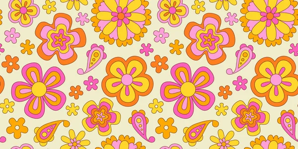 Klasik, dikişsiz desenli illüstrasyon. Retro psychedelic çiçekli arka plan sanat tasarımı. Havalı rengarenk bahar dokusu, hippi yetmişlerin doğa baskısı tekrarlayan papatya çiçekleri.