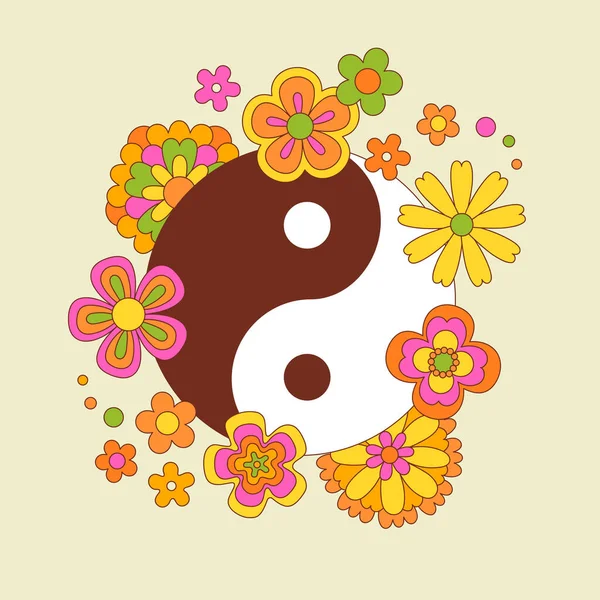 Vintage Yin Yang Yoga Symbol Flower Illustration Retro Psychedelic Floral — Stock Vector