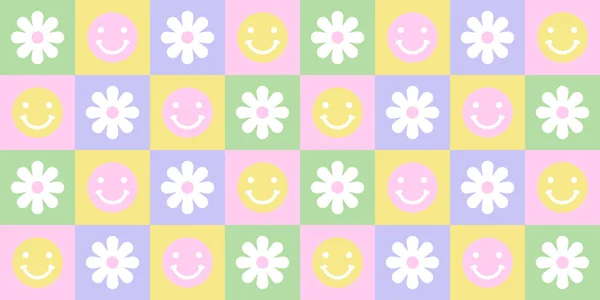 Colorido Retro Floral Sin Costuras Patrón Ilustración Con Caras Felices — Vector de stock
