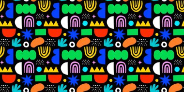 Renkli geometrik karalamalarla soyut organik şekiller. Düz çizgi film arkaplanı, parlak çocuksu renklerde basit rastgele şekiller.