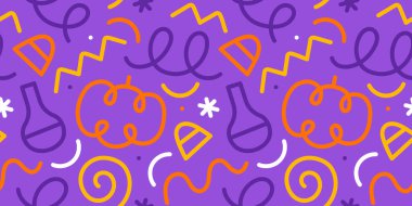 Renkli cadılar bayramı partisi kusursuz desen. Korkunç sonbahar kutlamalarının ve çocuksu şekillerin karalama çizgisi çizimi..