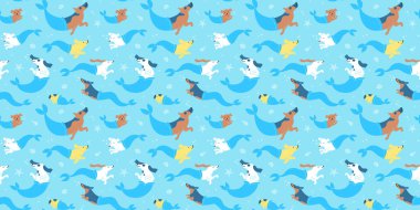 Komik köpek denizkızı su altında düz çizim tarzında kusursuz bir şekilde yüzüyor. Sahilde yaşayan sevimli bir köpek yavrusu grubu. Su altında deniz köpekleri duvar kâğıdı baskısı.