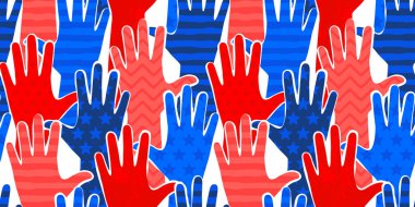 Amerika Birleşik Devletleri 'nin renkli insanları ellerini kaldırdı. 4 Temmuz bayramı ya da siyasi seçim konsepti için kırmızı ve mavi renkli topluluk geçmişi. Amerikan oyu, sosyal etkinlik baskısı.