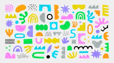 Renkli soyut şekil karalama koleksiyonu. Komik geometrik kolaj şekilleri. Elle çizilmiş modern element. İzole edilmiş arkaplanda yaratıcı dekorasyon şarjörü.