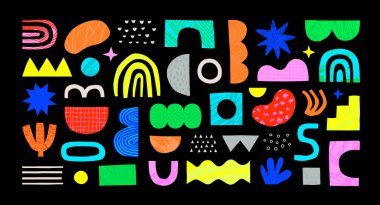 Renkli soyut şekil karalama koleksiyonu. Komik geometrik kolaj şekilleri. Elle çizilmiş modern element. İzole edilmiş arkaplanda yaratıcı dekorasyon şarjörü.