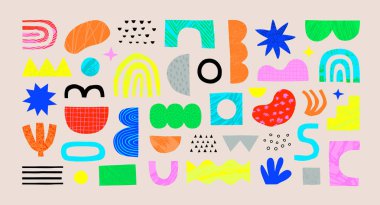 Renkli soyut şekil karalama koleksiyonu. Komik geometrik kolaj şekilleri. Elle çizilmiş modern element. İzole edilmiş arkaplanda yaratıcı dekorasyon şarjörü.