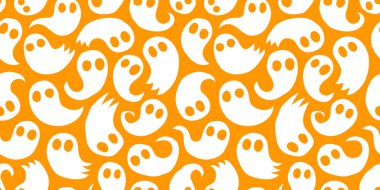 Cadılar Bayramı hayalet çizgi filmi kusursuz desen çizimi. Sevimli Ekim bayramı ruhu geçmişi. Korkunç sonbahar partisi duvar kâğıdı desenli komik hayaletler karalama baskısı.