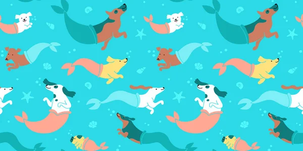 有趣的狗美人鱼在水下游泳漫画无缝图案的平面插图风格 可爱的夏季宠物狗群在海滩背景纹理 水底海狗壁纸印 — 图库矢量图片