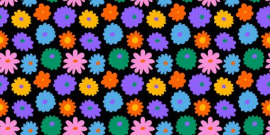 Renkli çiçek desensiz desen çizimi. Klasik çiçek arkaplan tasarımı. Retro pastel renkler, bahar sanat eserleri, 70 'lerin modası gibi doğa arkaplanı, hippi çiçekleri..