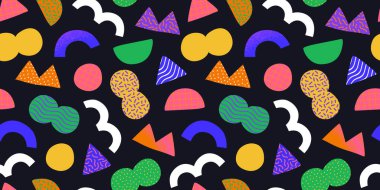 Renkli 90 'ların stili geometrik şekilli, dikişsiz desen. Retro dekorasyonlu modaya uygun düz çizgi film çizimi. Nostaljik zig zag çizgileri, üçgen element duvar kağıdı, 80 'lerin moda deseni..