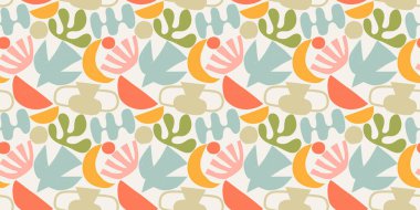 Renkli el yazması karalamalarla soyut modern sanat kusursuz desen. Organik düz çizgi film arka planı, parlak çocuksu renklerde basit yaz şekilleri.