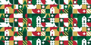 Yaratıcı soyut şekilleri olan, neşeli geometrik, pürüzsüz bir desen çizimi. Noel sezonu baskısı. İskandinav minimalist şekil dokusu, geometri kolajı.