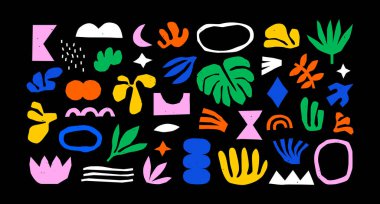 Renkli organik karalama koleksiyonu. Tuhaf temel şekiller, tropikal yaprak, el ve dekoratif soyut sanatın izole edilmiş arka plandaki rastgele çocuksu karalamaları..