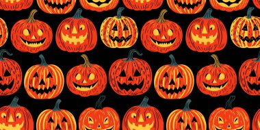 Cadılar Bayramı Jack o fener çizgi filmi kusursuz desen çizimi. Korkunç Ekim bayramı arka planı el çizimi tarzında. Ürkütücü sonbahar partisi duvar kâğıdı baskısı, ürpertici gülümseyen balkabağı dokusu sanatı.