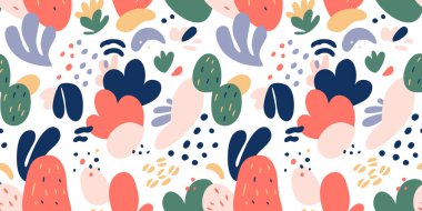 Soyut doğa çiçekli bitki yaprağı. Renkli karalama şekilli kusursuz desen. Organik yapraklar karikatür arka planı, modern pastel renklerde basit çiçek şekilleri..