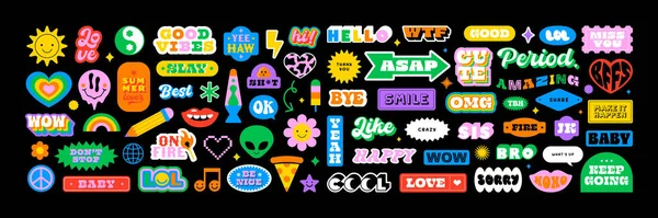 Colorful vintage label shape set. Collection of trendy retro sticker cartoon shapes. Funny comic character art and quote sign patch bundle.