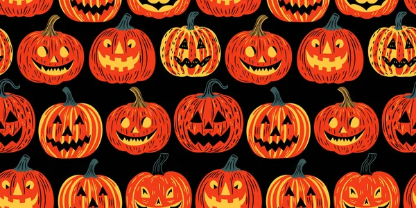 Cadılar Bayramı Jack o fener çizgi filmi kusursuz desen çizimi. Korkunç Ekim bayramı arka planı el çizimi tarzında. Ürkütücü sonbahar partisi duvar kâğıdı baskısı, ürpertici gülümseyen balkabağı dokusu sanatı.
