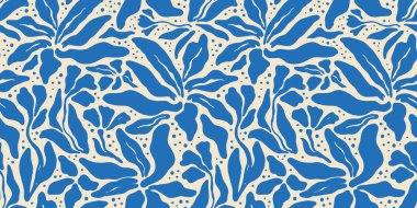 Soyut mavi çiçek sanatı kusursuz desen. Moda çağdaş çiçekli arka plan çizimi. Doğal organik bitki sanat eseri duvar kağıdı izi bırakır. Klasik bahar dokusu.