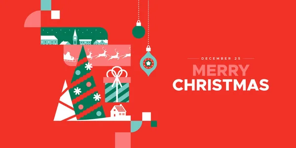 Mutlu Noeller, Xmas kutlaması için web sayfası şablonu. Düz çizgi film mozaik illüstrasyonunda Noel Baba, ren geyiği, hediye kutusu, çam ağacı ve daha fazlası yer alıyor..
