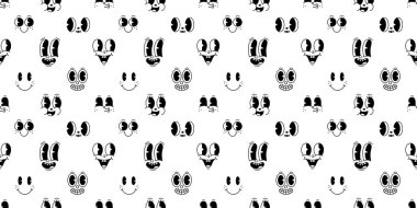 Komik retro çizgi film karakteri yüzü pürüzsüz desen. Siyah ve beyaz renkli animasyon sanatının arka planı. 50 'lerin moda maskot dokusu baskısı, yüz ifadesi grafik duvar kağıdı çizimi.