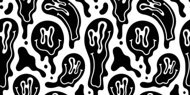 Gülen, gülen, gülen, gülen, çizgi filmlerdeki gibi kusursuz bir desen. Retro saykodelik gülümseme siyah beyaz arka plan dokusu. Moda karakter karalama duvar kâğıdı.