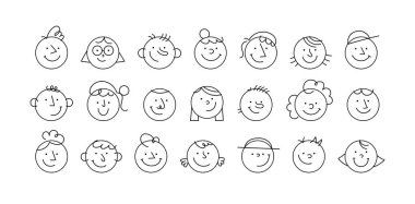 Siyah ve beyaz çizgi film karakteri yüz dairesi çizim seti. Komik insanların yüzleri, çeşitli profil simgeleri moda çizgi film tarzında. Sosyal medya tepki etiketi, çocuk portresi çizimi.