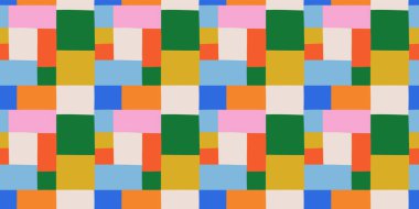 Renkli el çizimi düz çizgi film deseni. Tekstil konsepti veya eğlenceli modern arkaplan tasarımı için el yapımı yama çalışması yorgan tarzı arkaplan.