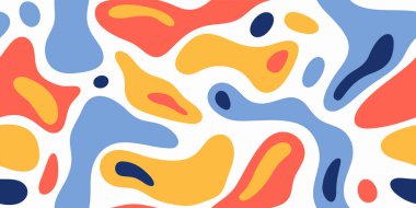 Renkli soyut organik şekilli, pürüzsüz desen çizimi. Düz yuvarlak arka plan şekilleri, yaratıcı çizim dokusu baskısı. Dinamik sıvı sıçrama tekrarlayan duvar kağıdı tasarımı.