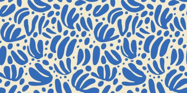 Soyut organik şekilli kusursuz desenli mavi doğa karalamaları. Çağdaş düz çizgi film arkaplanı, elle çizilmiş basit yaprak şekilleri.