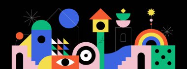 Soyut renkli geometrik şehir manzarası çizimi. Eğlence ikonu ve Bauhaus stili dekorasyon unsuruyla yaratıcı modern geometri şekilleri. Çağdaş sanat mozaiği.