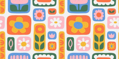 Renkli çiçek desensiz desen çizimi. Eski tarz hippi çiçek arka plan tasarımı. Geometrik kareli duvar kağıdı baskısı, bahar mevsimi arkaplan dokusu papatya çiçekleri.