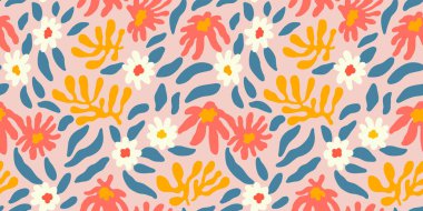 Colorful vintage flower art seamless pattern illustration. Organic hand drawn floral garden background with psychedelic style nature collage. Trendy spring print of abstract retro flowers.