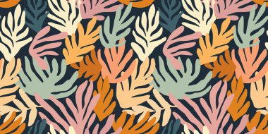 Renkli el yazması karalama kolajlı soyut bitki yaprağı deseni. Organik yapraklar karikatür arkaplan, basit doğa şekilleri klasik pastel renkler.