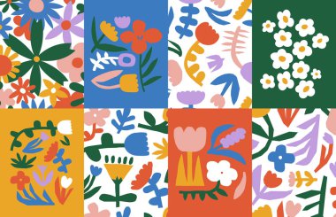 Moda çiçekli poster çizimi. Eski tarz hippi çiçek koleksiyonu. Renkli pastel renkler, harika sanat eserleri, papatya çiçekli doğa arkaplanı..