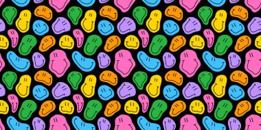 Komik eriyen gülen gülen yüz renkli çizgi film kusursuz desen. Retro psychedelic ilaç etkisi gülümseme arka plan dokusu. Moda karakter karalama duvar kâğıdı.