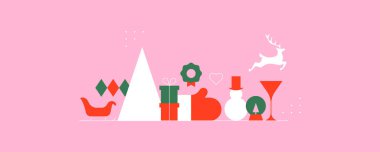 Mutlu Noeller modern geometrik arka plan şablonu. Kış dekorasyonlu boş soyut Noel tasarımı. Parti davetiyesi, minimalist aralık kutlama kartı..